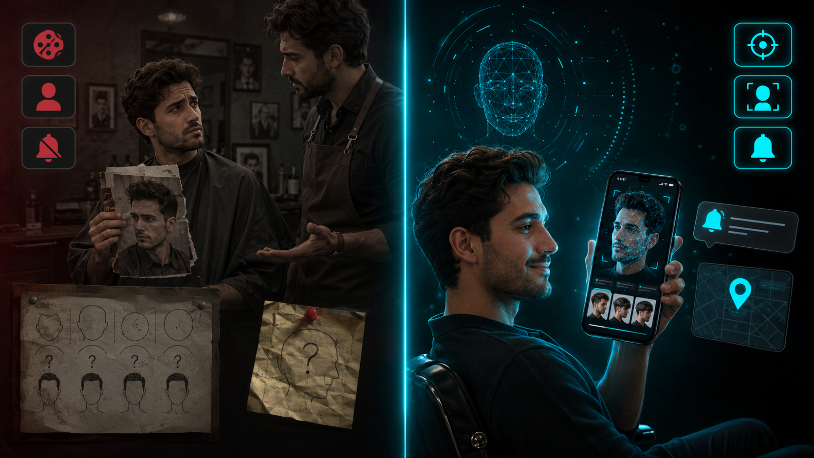 Traditional haircut guesswork at a barber compared with Luvia AI face scan and hairstyle previews on your phone
